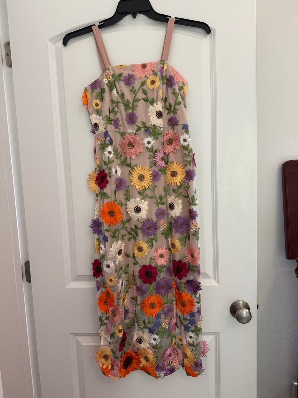 Needle & Thread Pink Nude Mesh Midi Dress with Multicolor Floral Embroidery